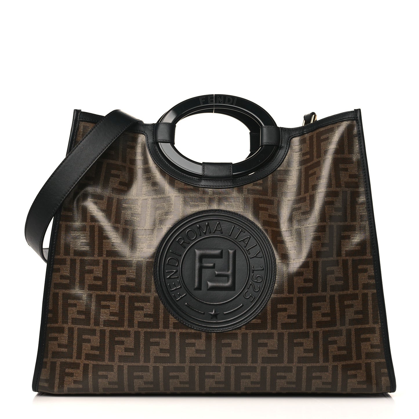 Glazed Fabric Vitello Century Plexiglass FF 1974 Stamp Patch Medium Runaway Shopper Tote Mogano Panna Black