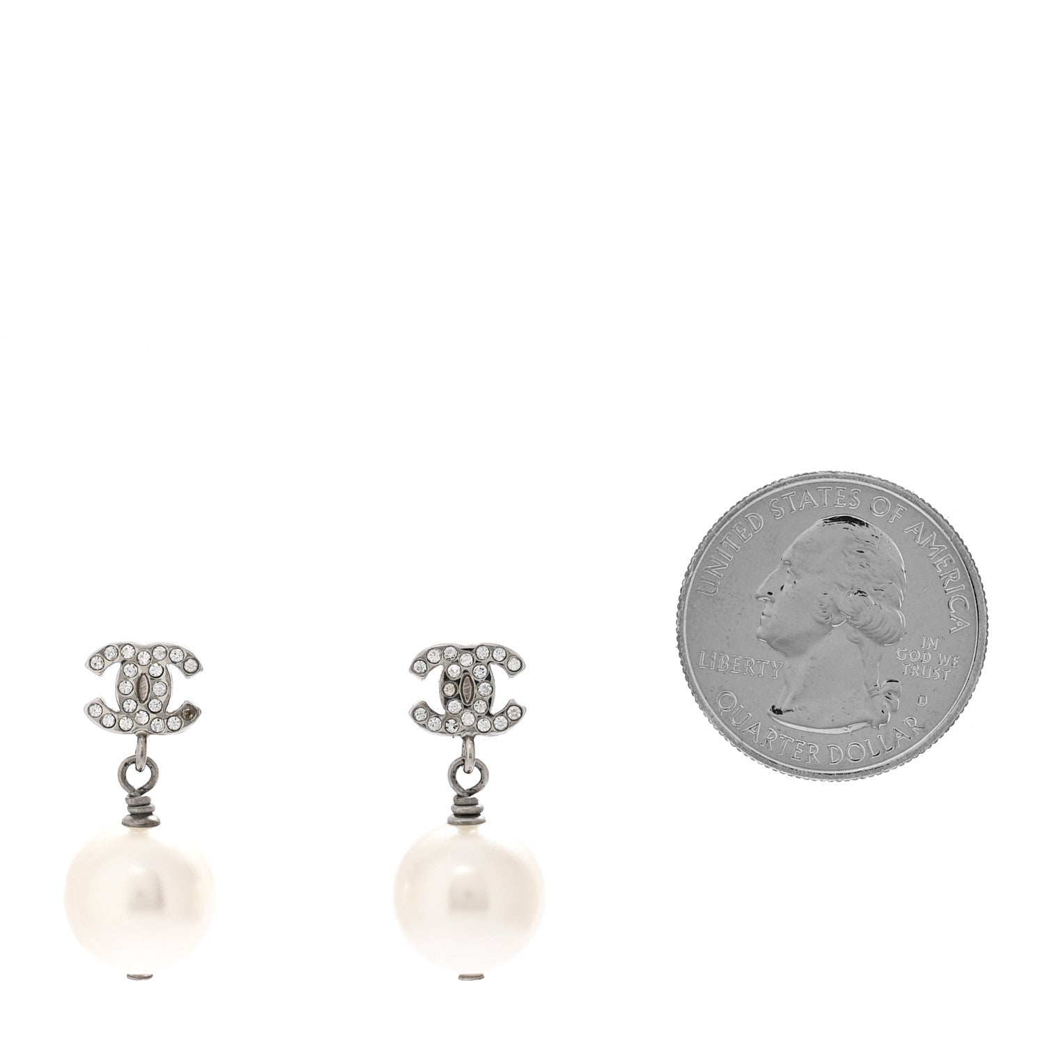 Chanel Crystal Pearl CC Drop Earrings Silver Pearly White 2 of 4