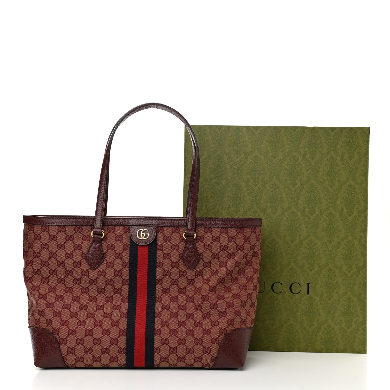 Gucci Monogram Textured Dollar Calfskin Web Medium Ophidia Shopping Tote Sahara Rubino Chardonnay 11 of 11