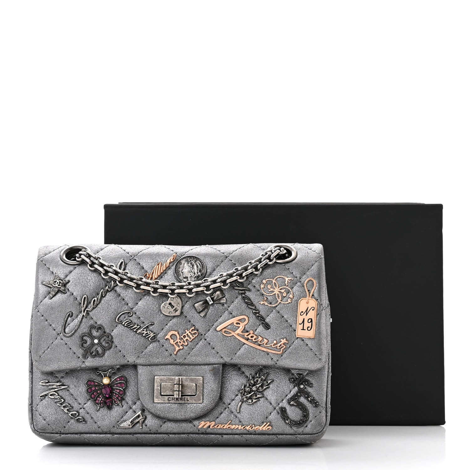 Chanel Metallic Calfskin Quilted Lucky Charms 2.55 Reissue 224 Flap Dark Silver 14 of 14