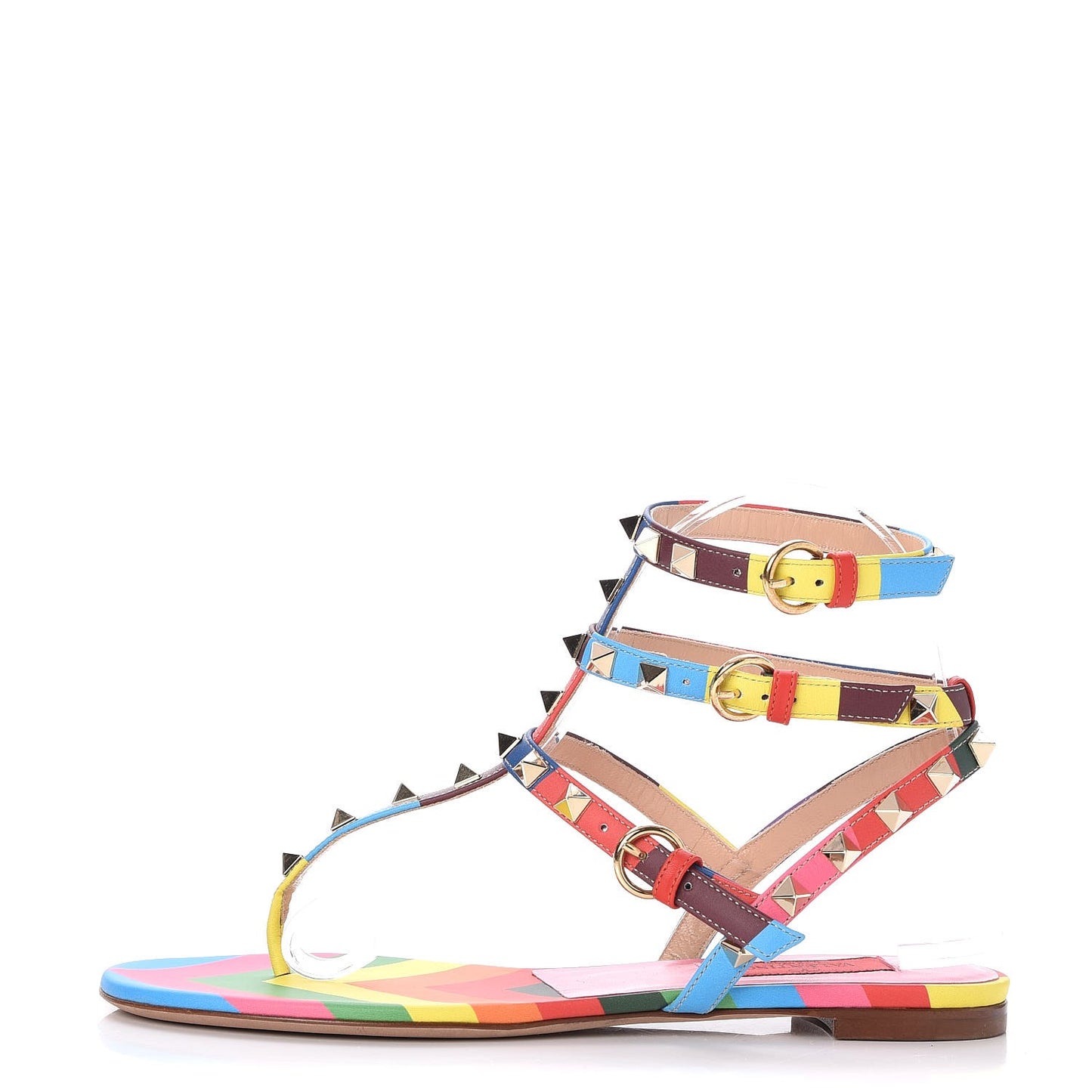 Calfskin 1973 Rockstud Ankle Wrap Flat Thong Sandals 36.5 Multicolor