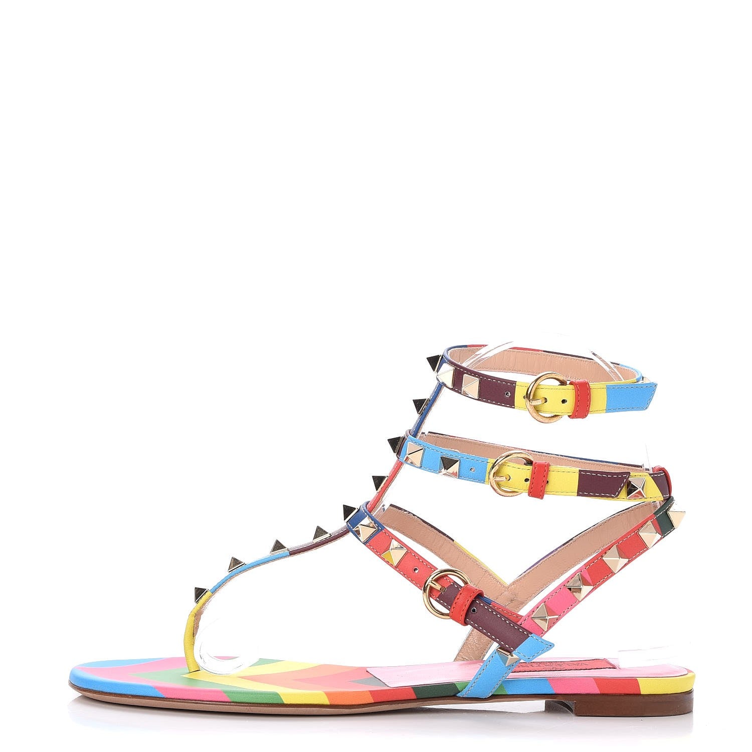 Valentino Garavani Calfskin 1973 Rockstud Ankle Wrap Flat Thong Sandals 36.5 Multicolor 1 of 7