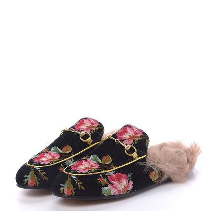 Gucci Velvet Fur Floral Womens Princetown Slippers 39.5 Black 2 of 9