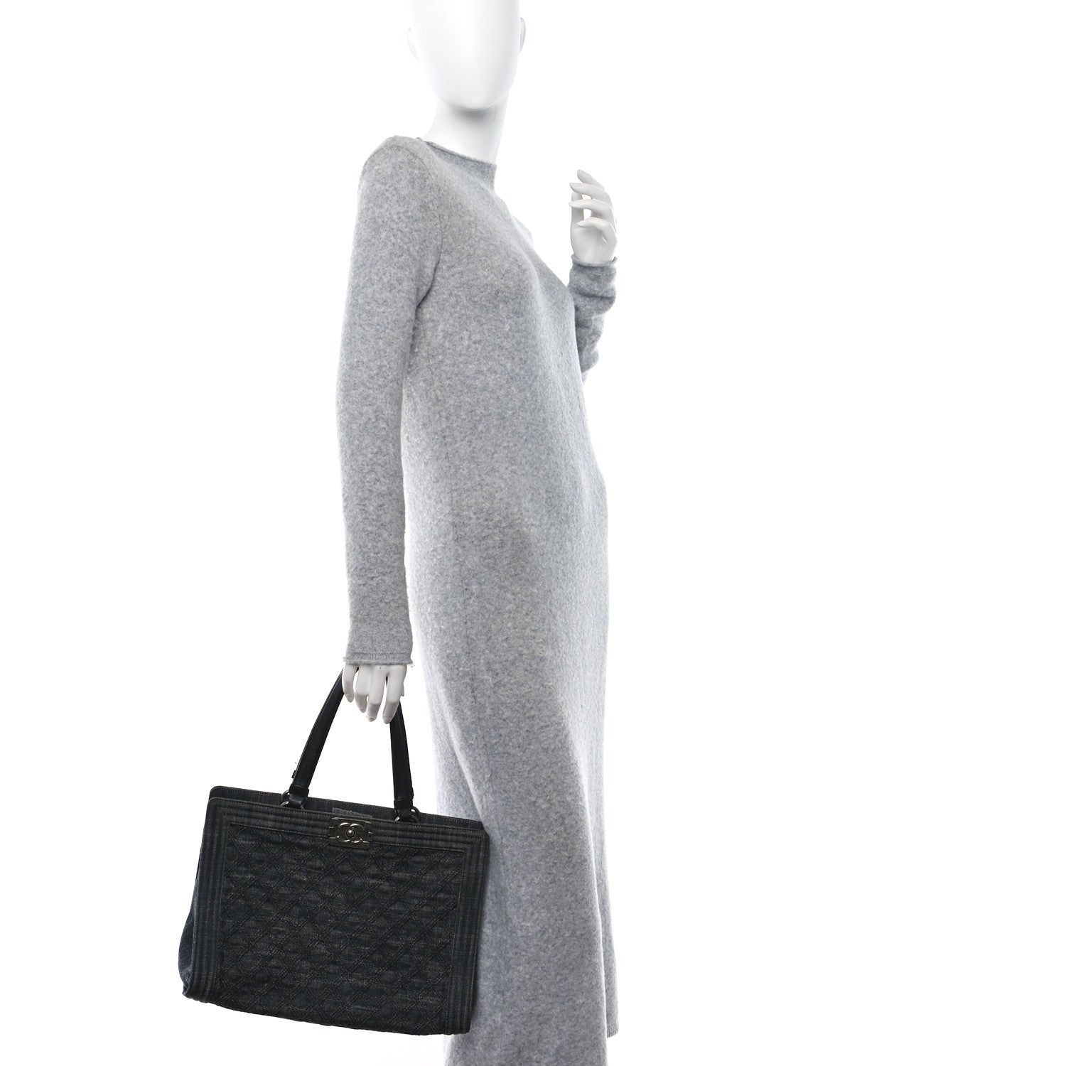 Chanel Denim Quilted Boy Shopping Tote Black 2 of 10