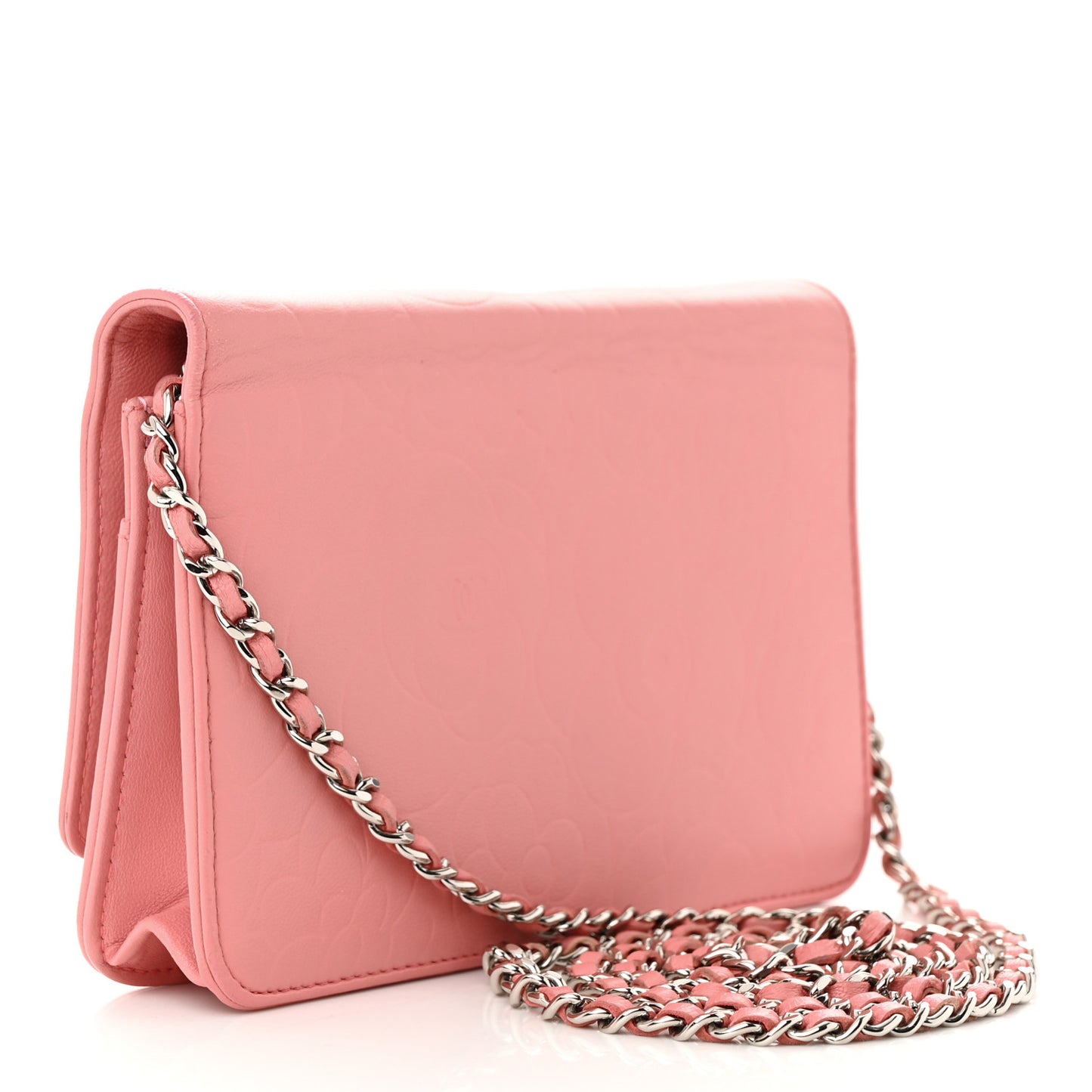 Lambskin Camellia Embossed Wallet on Chain WOC Pink