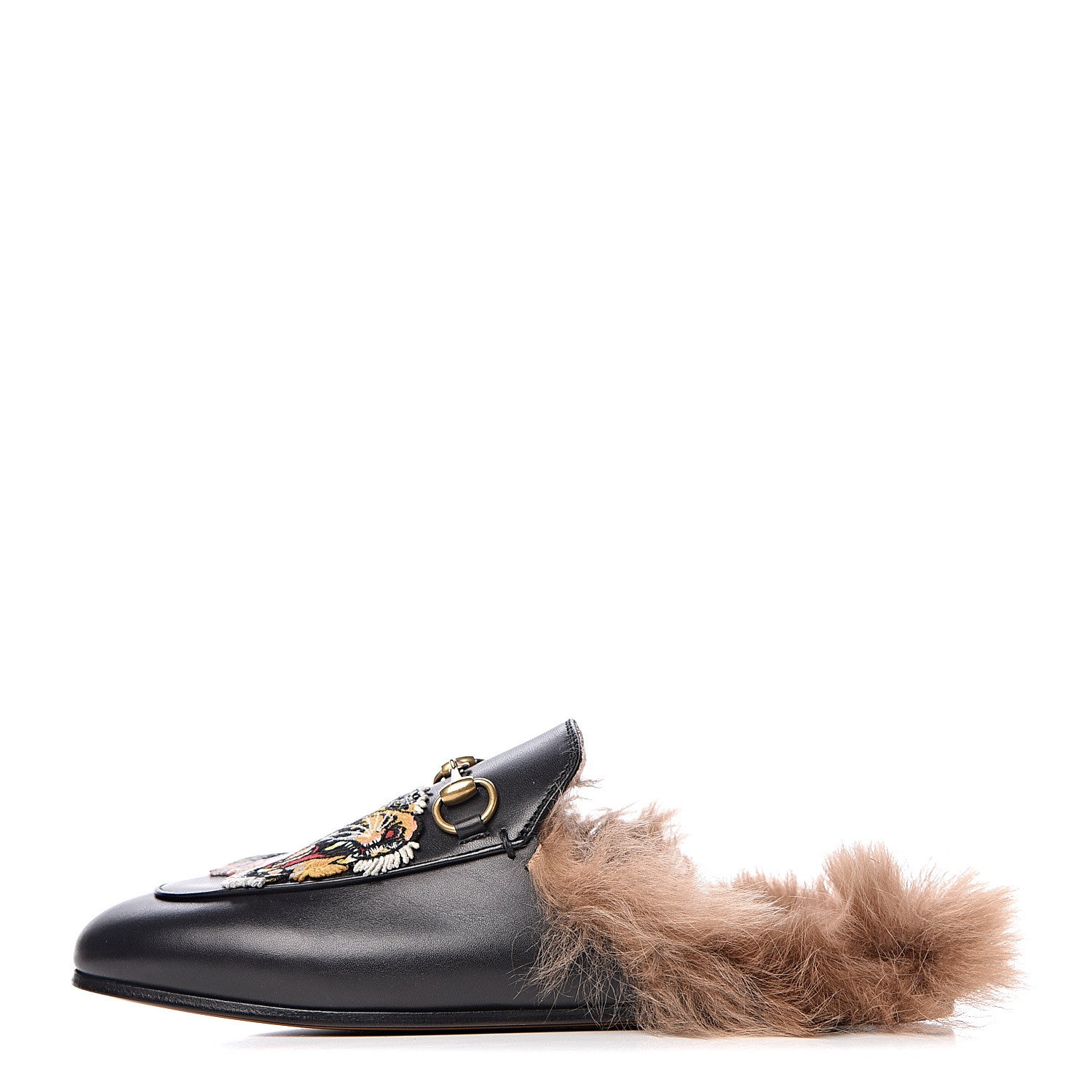 Gucci Calfskin Lambswool Tiger Embroidered Womens Princetown Slippers 36.5 Black 1 of 8