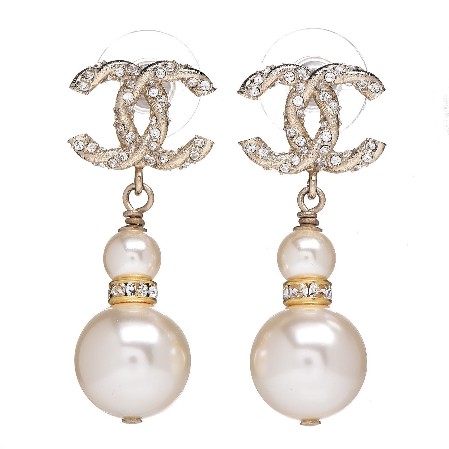 Crystal Pearl CC Drop Earrings Gold