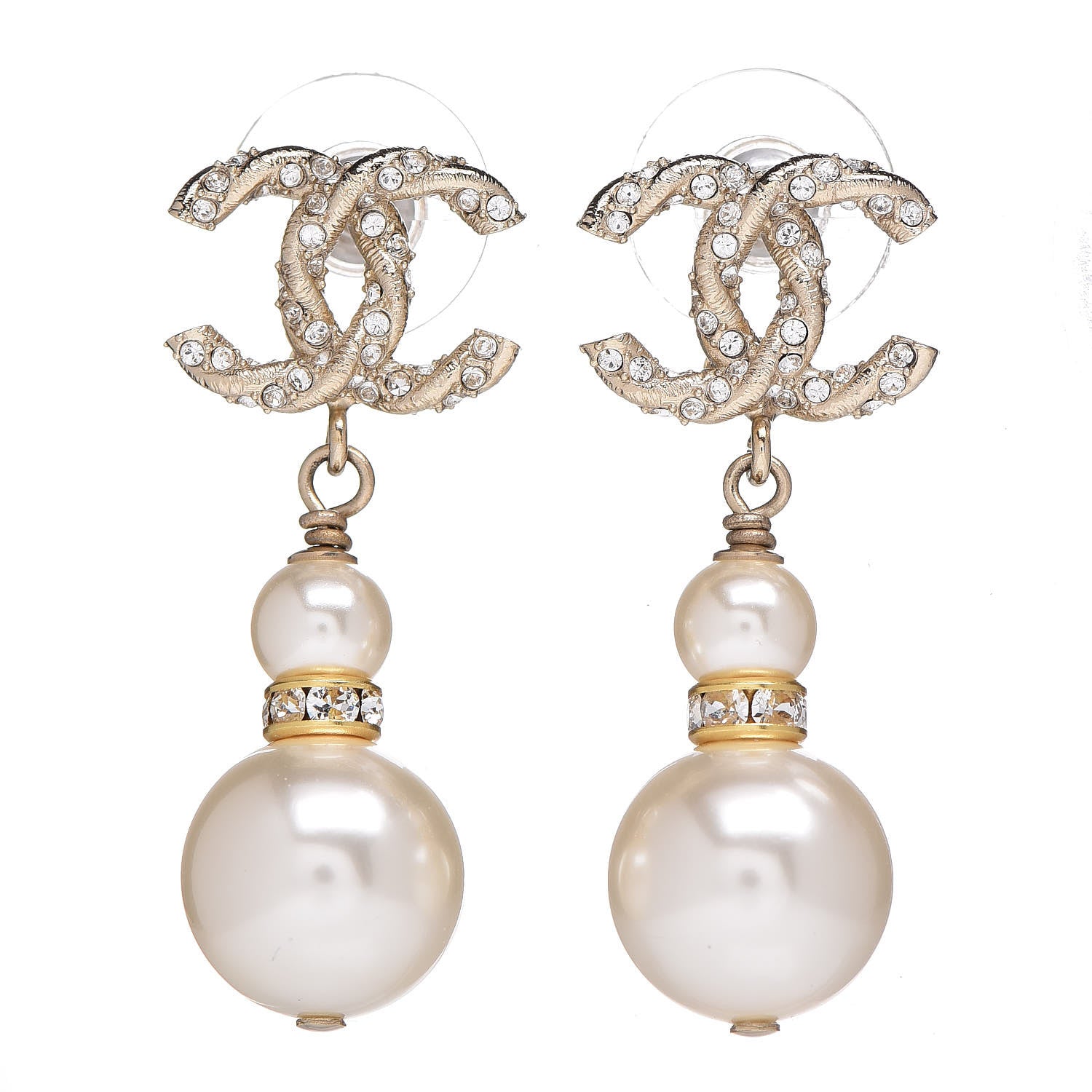 Chanel Crystal Pearl CC Drop Earrings Gold 1 of 4