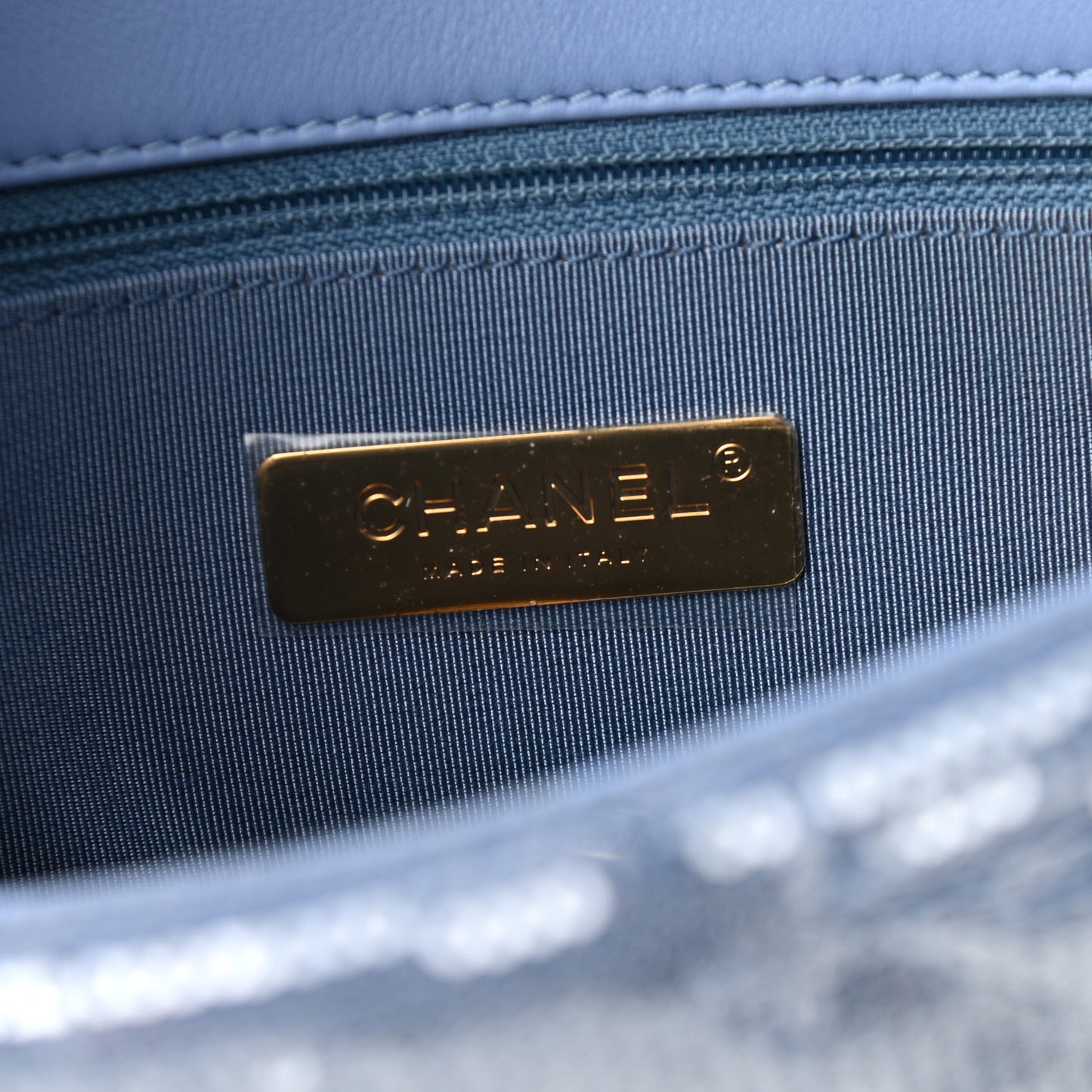 Sequin Quilted Medium Chanel 19 Flap Light Blue