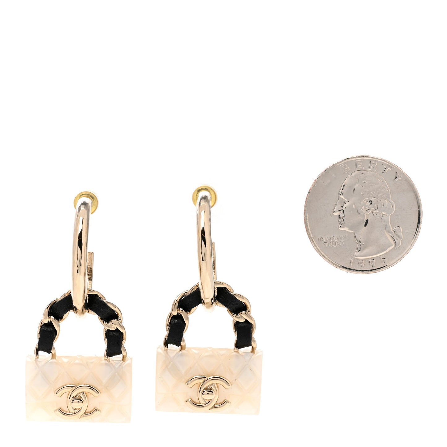 Metal Resin Lambskin Quilted CC Turnlock Chain Bag Earrings Gold Pearly White