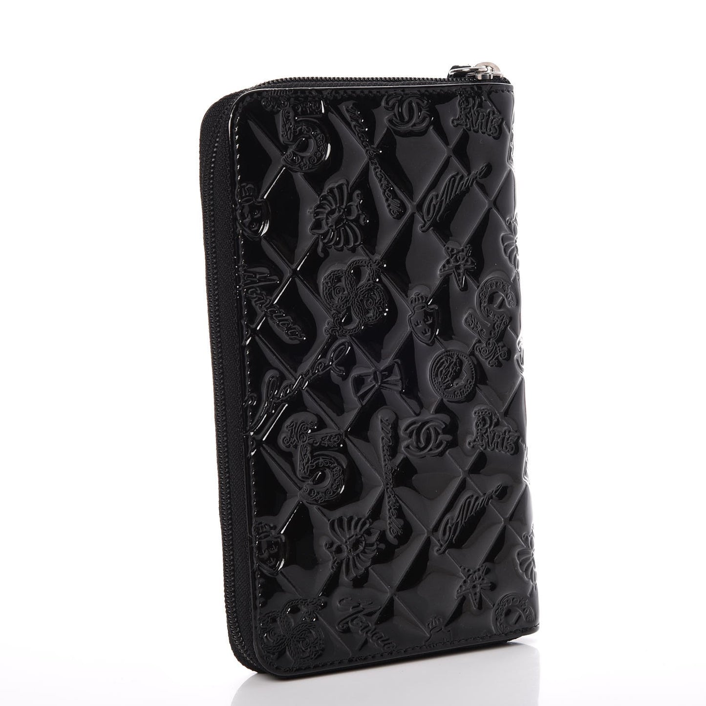 Patent Calfskin Lucky Symbols Zip Around Wallet Black
