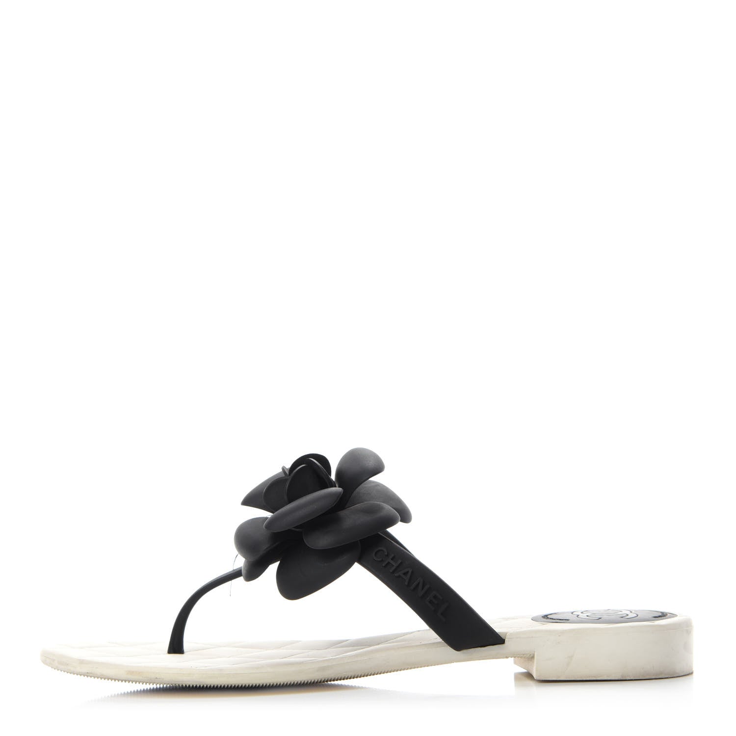 Chanel Jelly Quilted Camellia Thong Sandals 36 Black White 1 of 9