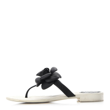 Chanel Jelly Quilted Camellia Thong Sandals 36 Black White 1 of 9