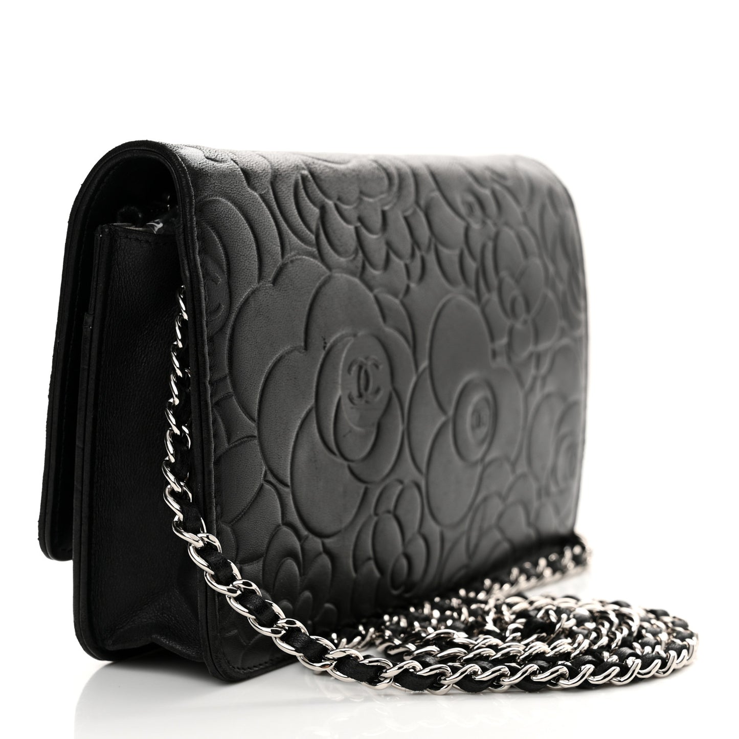 Lambskin Camellia Embossed Wallet on Chain WOC Black