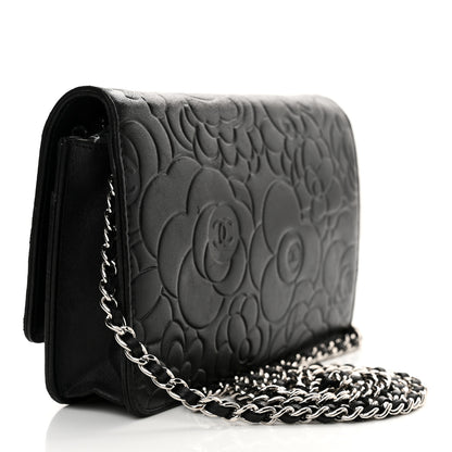Chanel Lambskin Camellia Embossed Wallet on Chain WOC Black 3 of 15