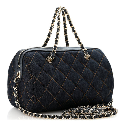 Chanel Denim Quilted Barrel Clutch With Chain Dark Blue Orange 3 of 10