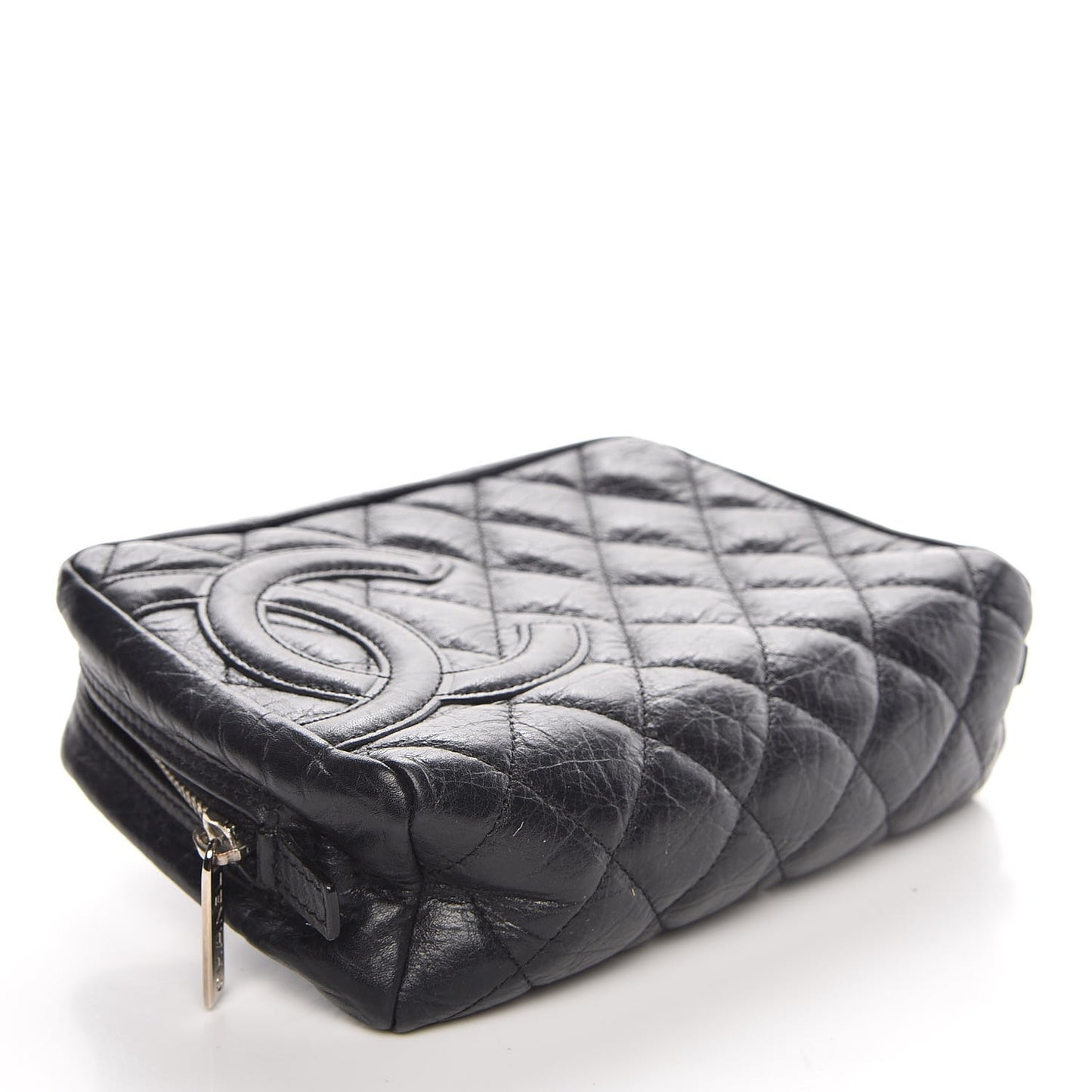 Aged Calfskin Quilted Cambon Cosmetic Case Black