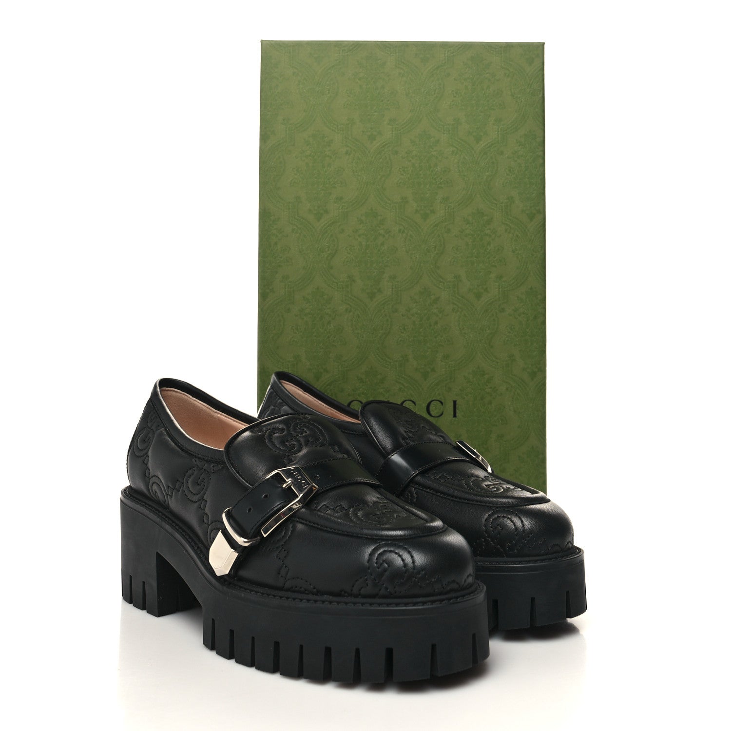 Gucci Nappa Cordovan Lux GG Matelasse Buckled Platform Lug Sole 60mm Loafers 38 Black 9 of 9