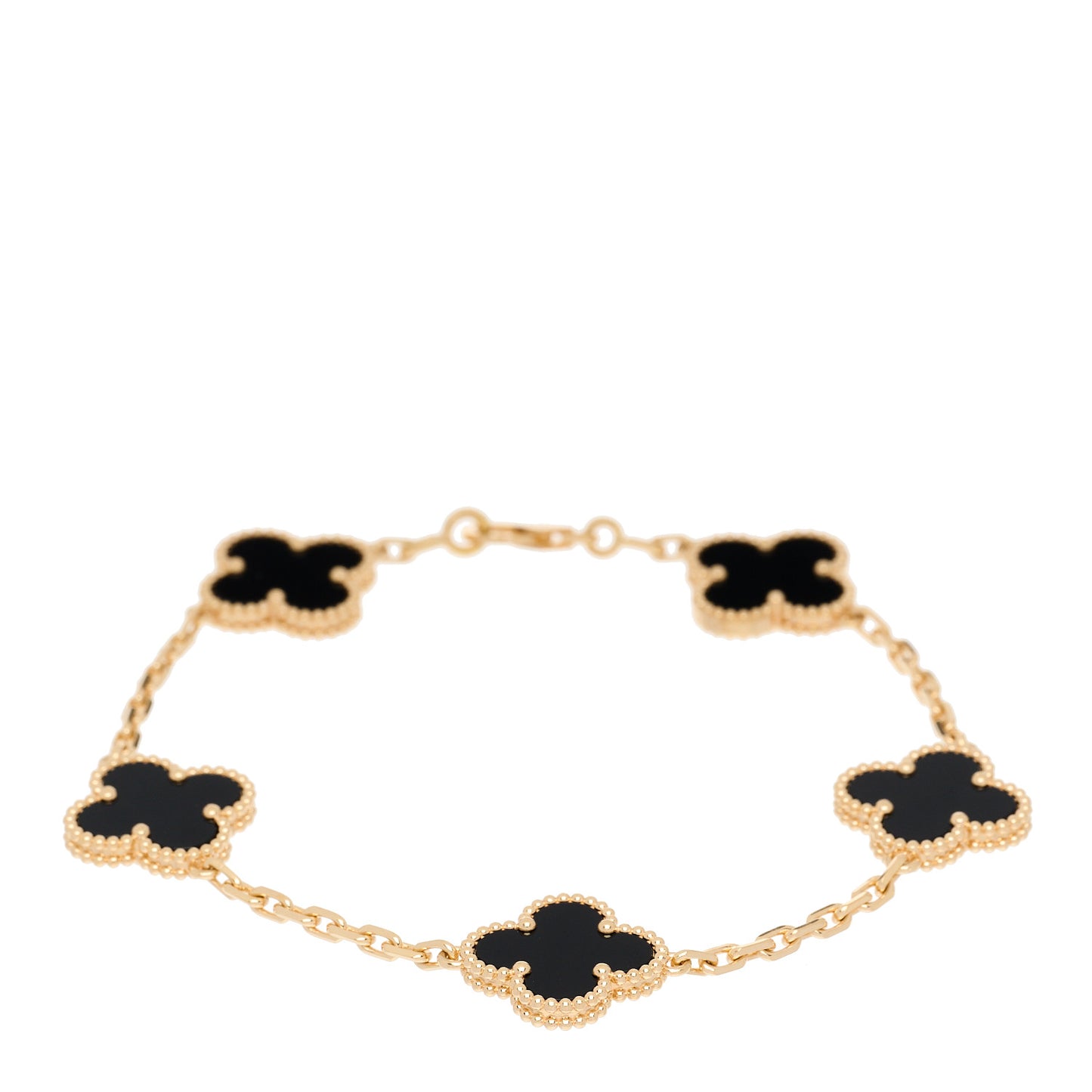 18K Yellow Gold Black Onyx 5 Motifs Vintage Alhambra Bracelet