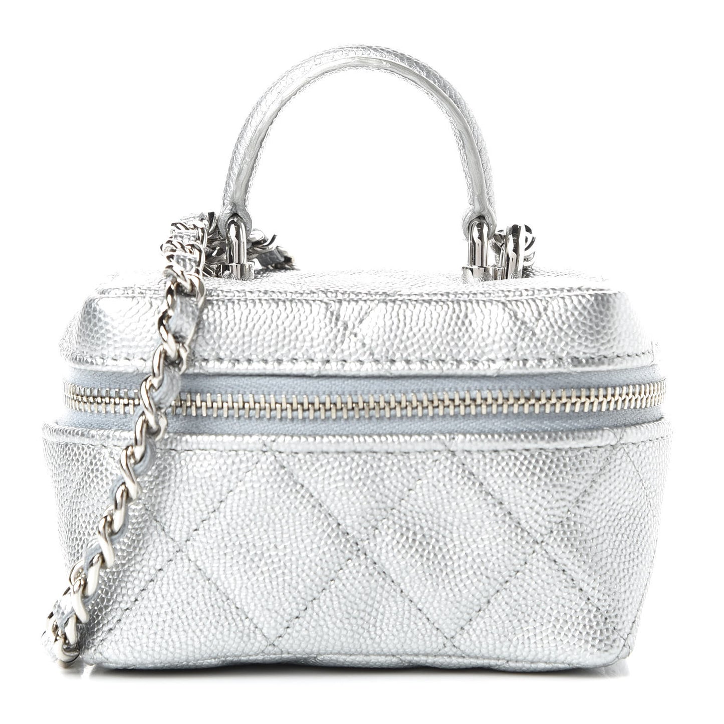 Metallic Caviar Quilted Mini Top Handle Vanity With Chain Silver