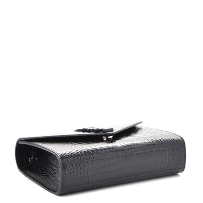Saint Laurent Calfskin Crocodile Embossed Medium Monogram Envelope Chain Shoulder Bag Black 5 of 8