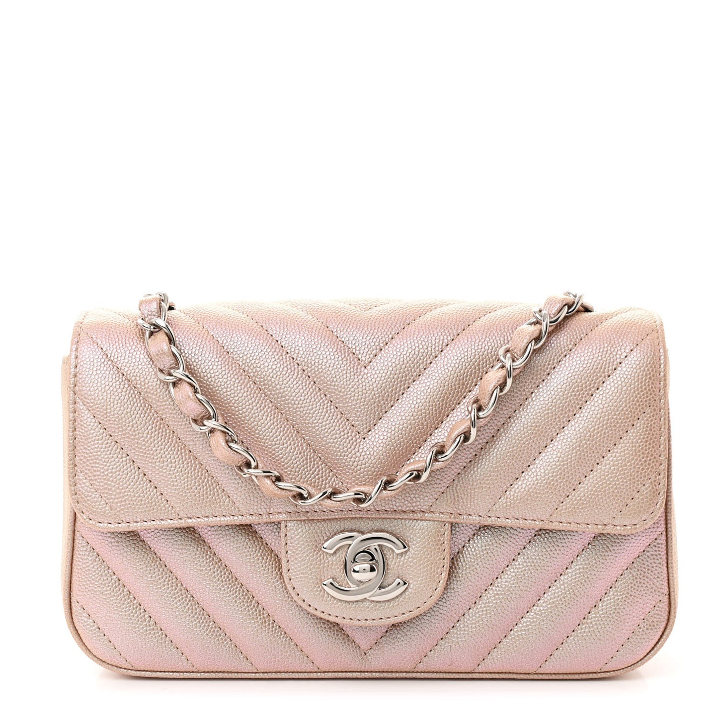 Iridescent Caviar Chevron Quilted Mini Rectangular Flap Light Gold