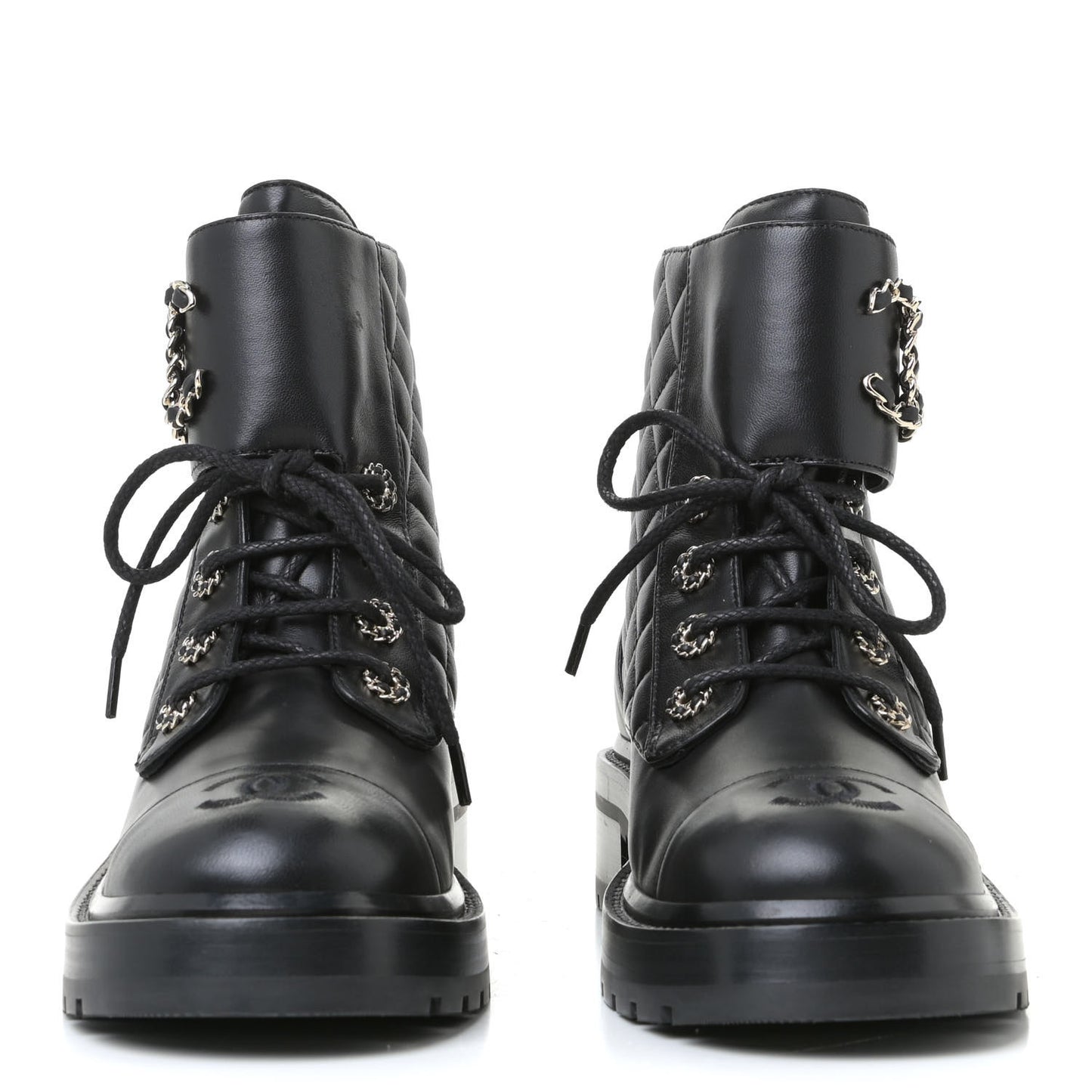 Shiny Lambskin Quilted Lace Up Combat Boots 38 Black