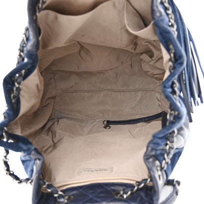 Chanel Goatskin Suede Calfskin Quilted Patchwork Drawstring Bag Blue 5 of 11