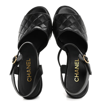 Chanel Lambskin Quilted Peep Toe Wedge Sandals 40 Black 2 of 12