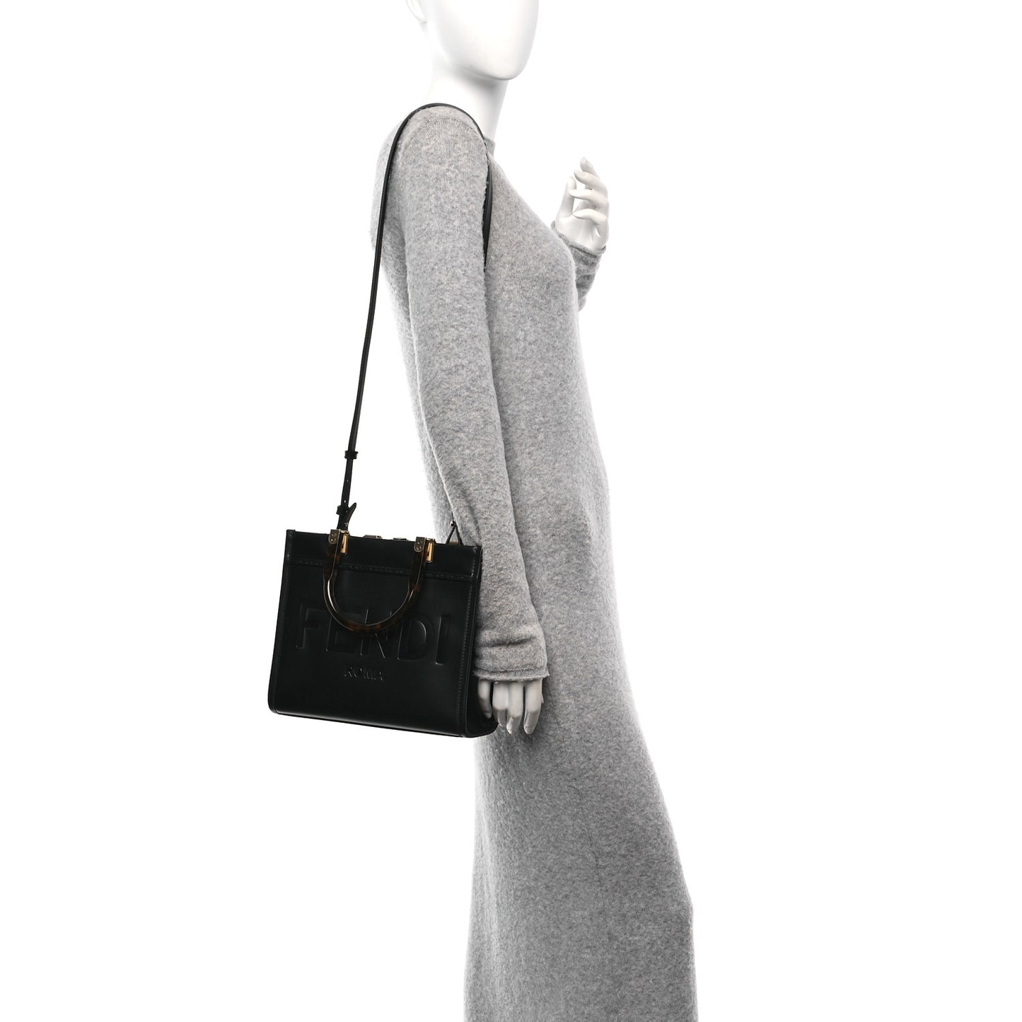 Vitello King Plexiglass Logo Embossed Small Fendi Sunshine Shopper Tote Black