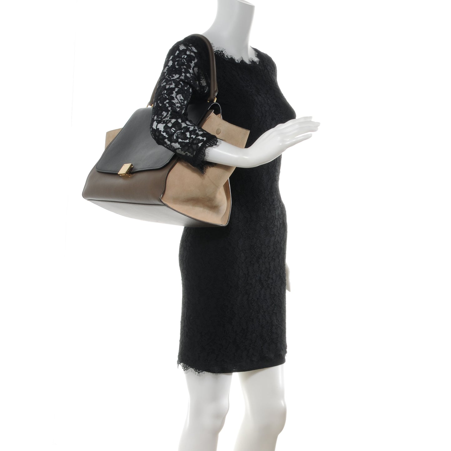 Calfskin and Suede Large Tri-Color Trapeze Black Brown Beige