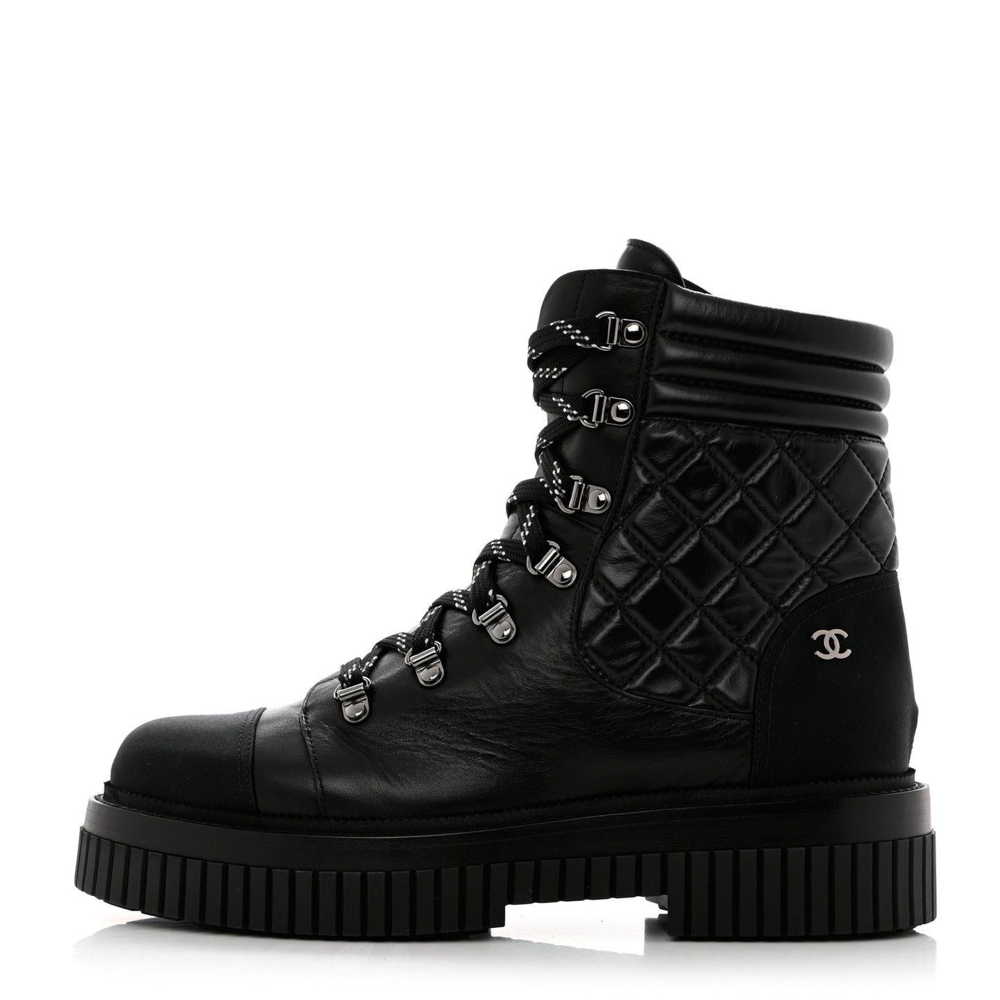 Calfskin Grosgrain Quilted Lace Up Boots 41 Black Grey