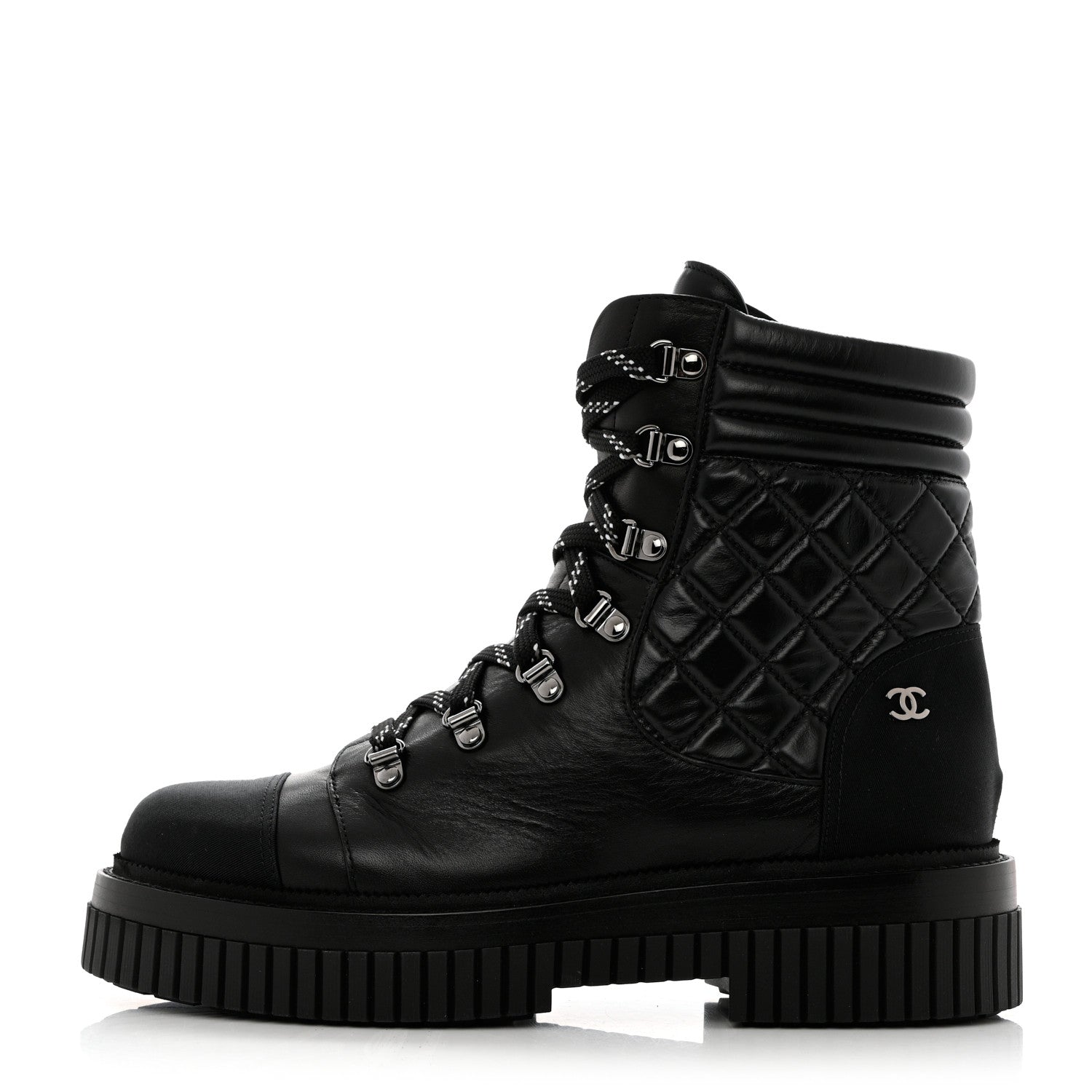 Chanel Calfskin Grosgrain Quilted Lace Up Boots 41 Black Grey 1 of 9