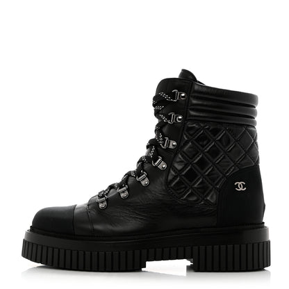 Chanel Calfskin Grosgrain Quilted Lace Up Boots 41 Black Grey 1 of 9