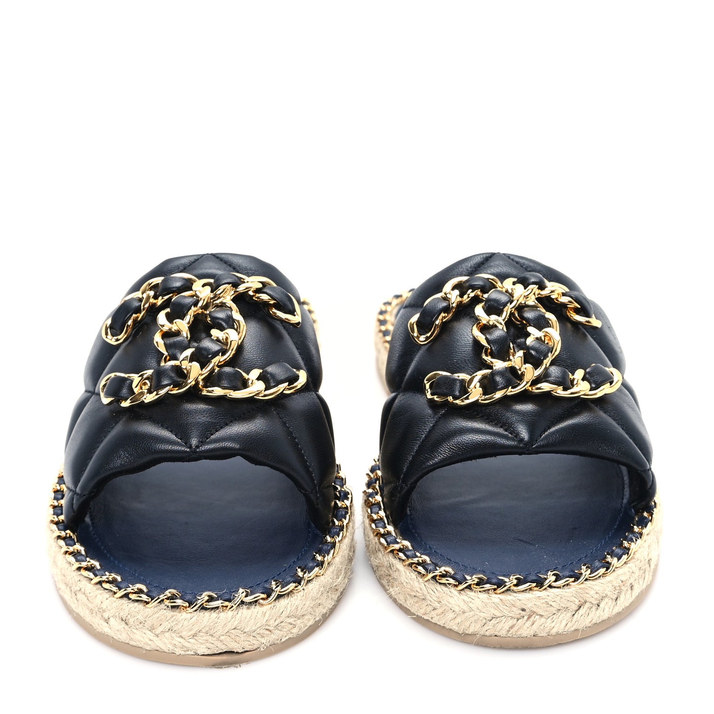 Lambskin Quilted CC Chain Espadrille Mules 39 Black Navy