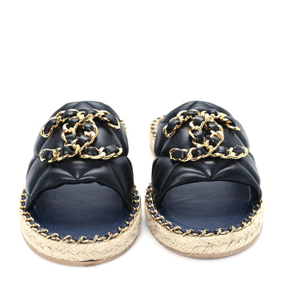 Chanel Lambskin Quilted CC Chain Espadrille Mules 39 Black Navy 3 of 10