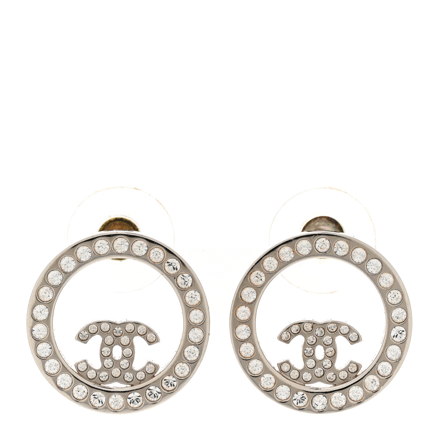 Chanel Crystal CC Round Earrings Silver 1 of 5