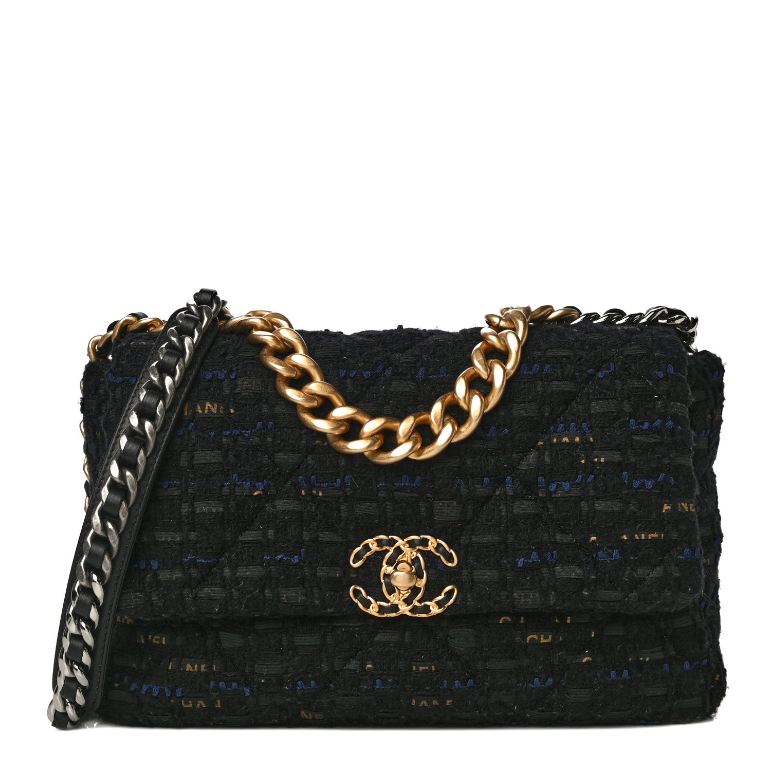 Chanel Tweed Quilted Large Chanel 19 Flap Black Navy Gold 1 of 13
