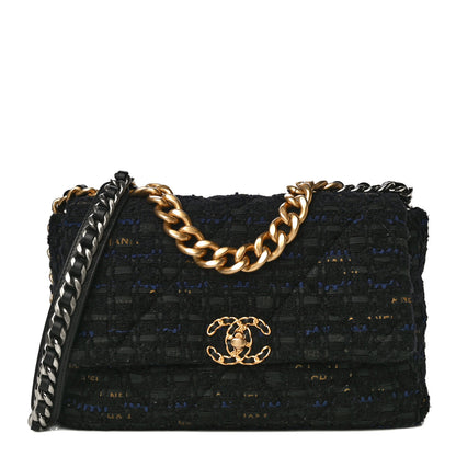 Chanel Tweed Quilted Large Chanel 19 Flap Black Navy Gold 1 of 13