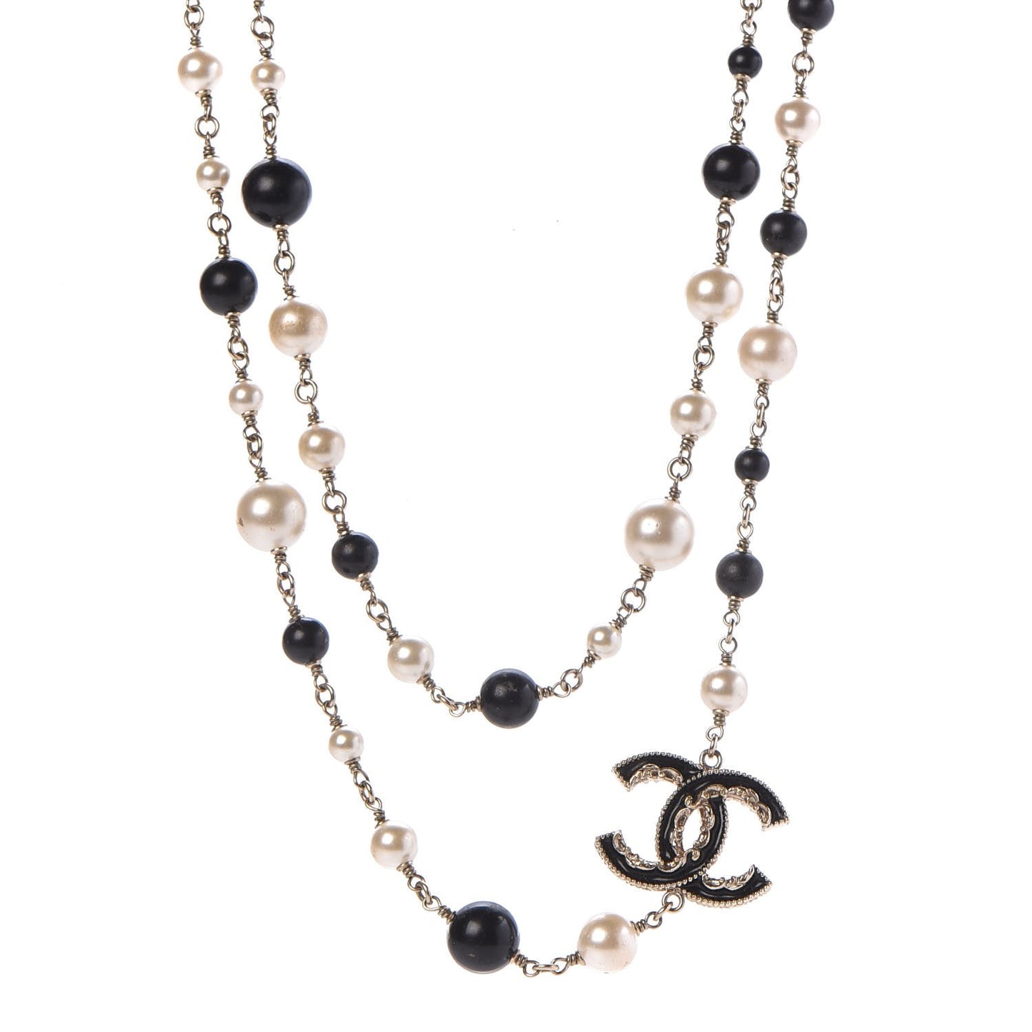 Pearl Bead Enamel CC Long Necklace Black Gold