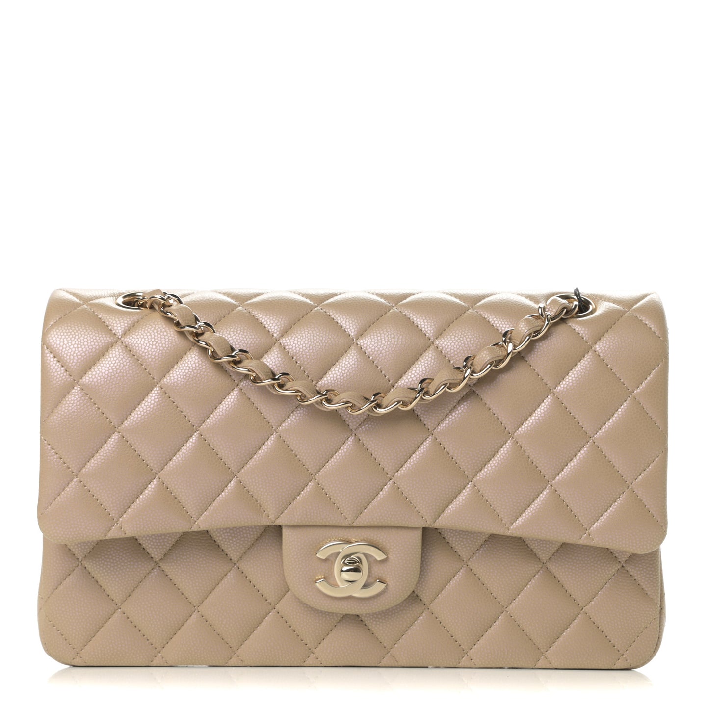 Iridescent Caviar Quilted Medium Double Flap Dark Beige