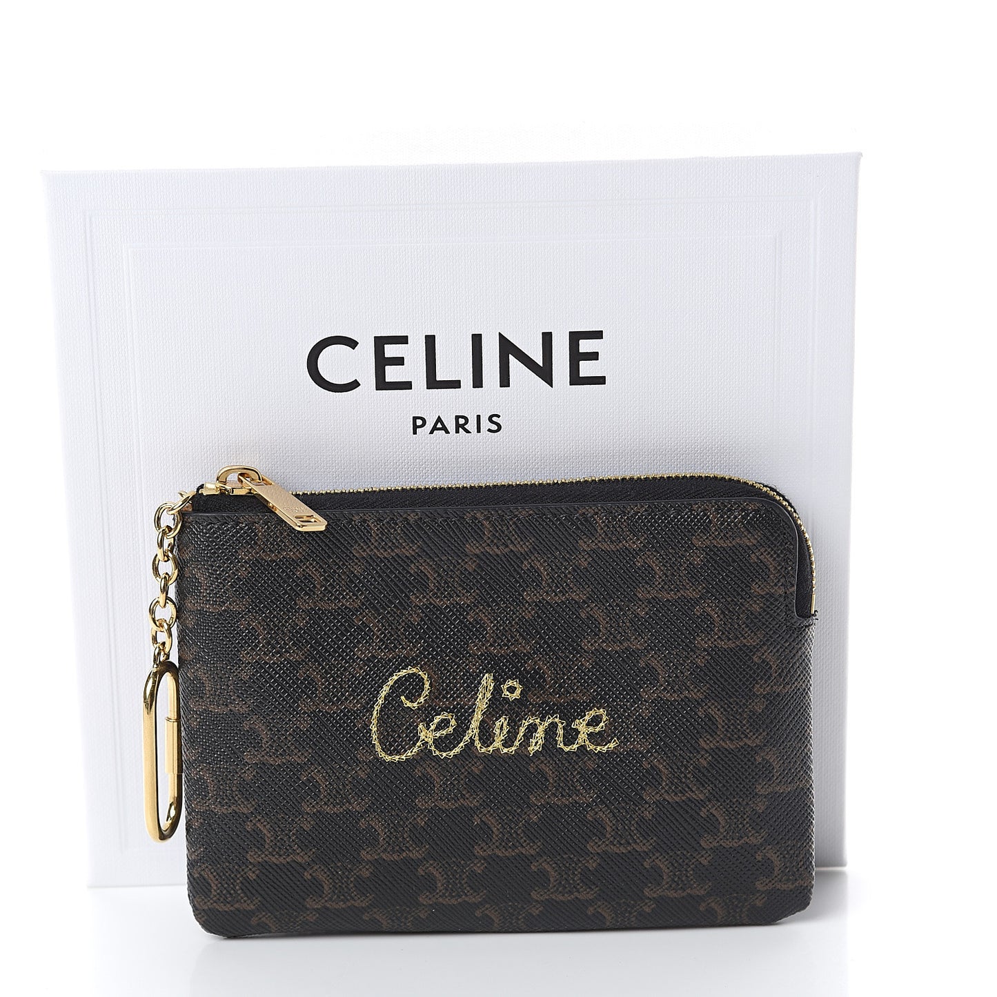 Triomphe Canvas Embroidered Logo Coin and Card Pouch With Hook Black
