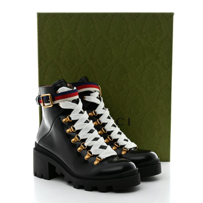 Gucci Calfskin Sylvie Web Womens Lace Up Combat Boots 38 Black 9 of 9