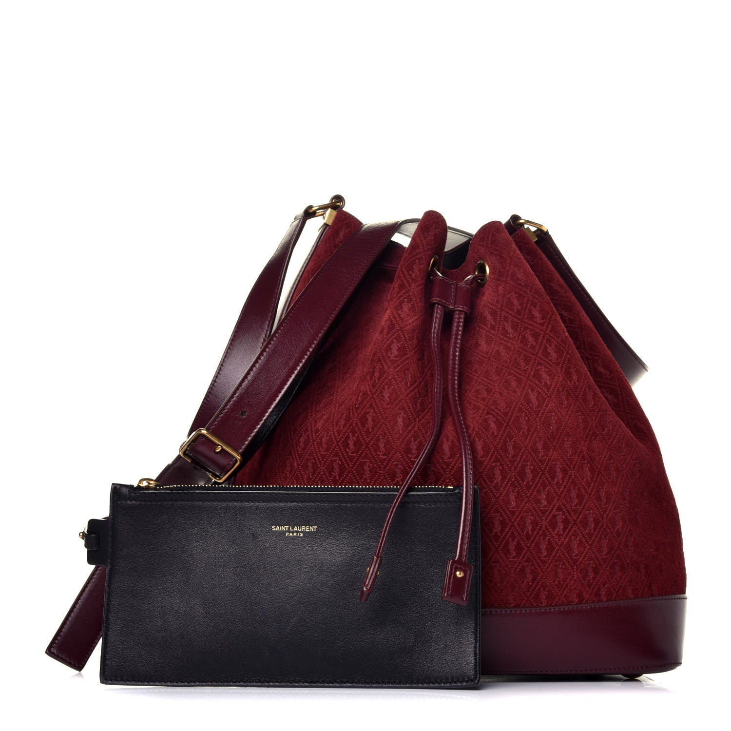 Saint Laurent Suede All-Over Monogram Bucket Bag Burgundy 1 of 9