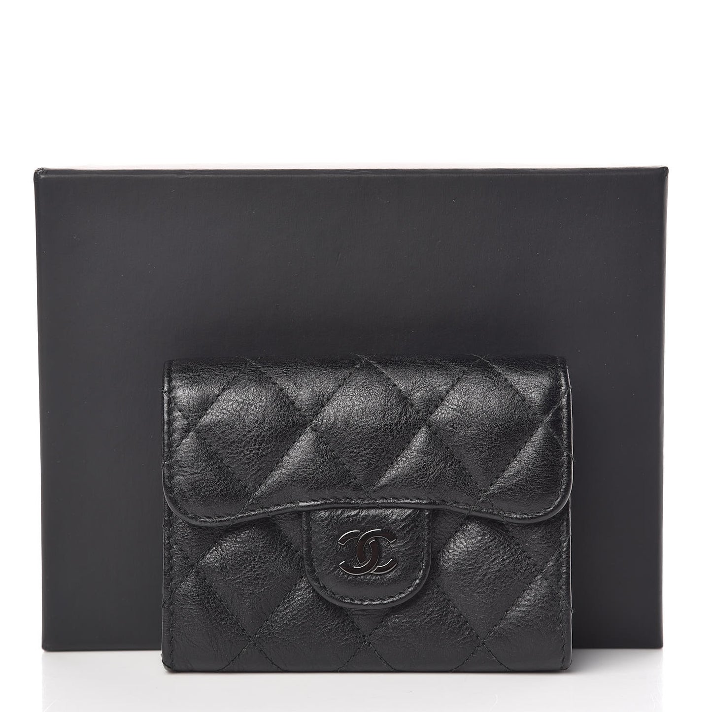 Crumpled Calfskin Quilted Flap Card Holder Wallet So Black