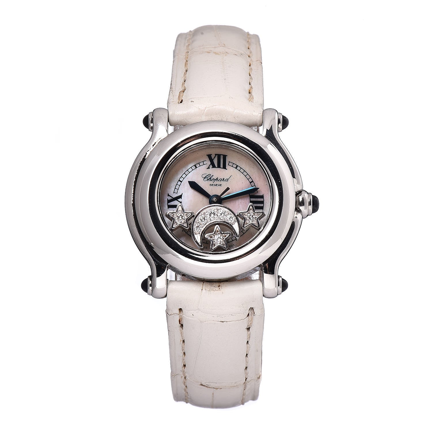 Chopard Stainless Steel Alligator Diamond Mother of Pearl 26mm Happy Sport Moon Star Quartz Watch 1 of 9