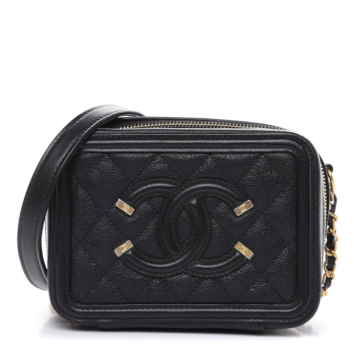 Caviar Quilted CC Filigree Vanity Clutch With Chain Black