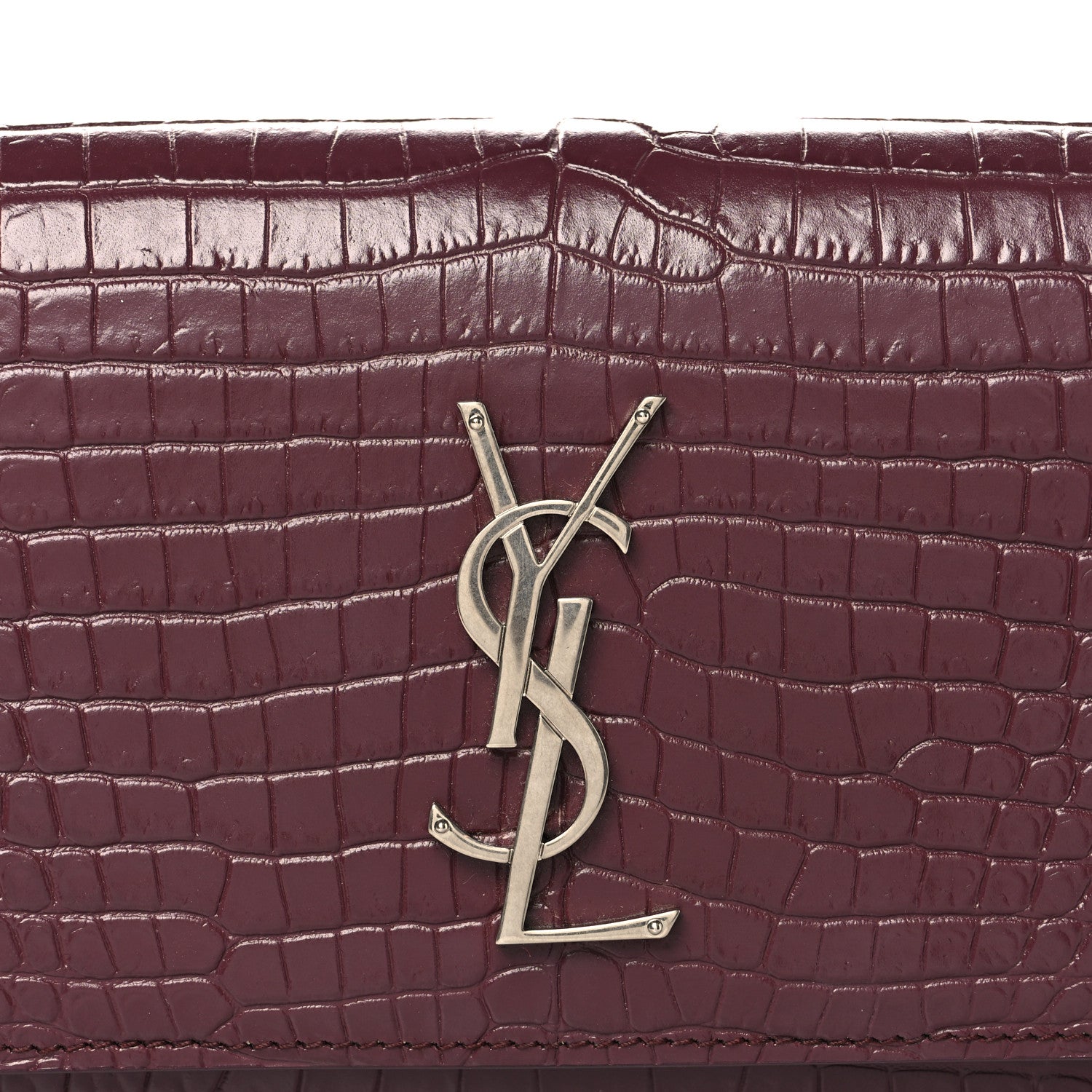 Saint Laurent Calfskin Crocodile Embossed Monogram Kate Belt Bag Burgundy 7 of 9