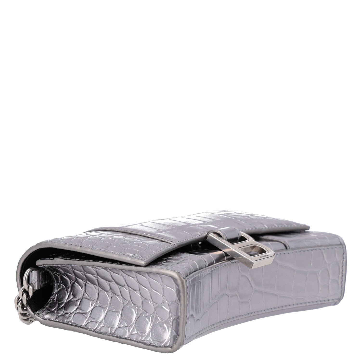 Balenciaga Metallic Calfskin Crocodile Embossed Hourglass Chain Bag Silver 3 of 9