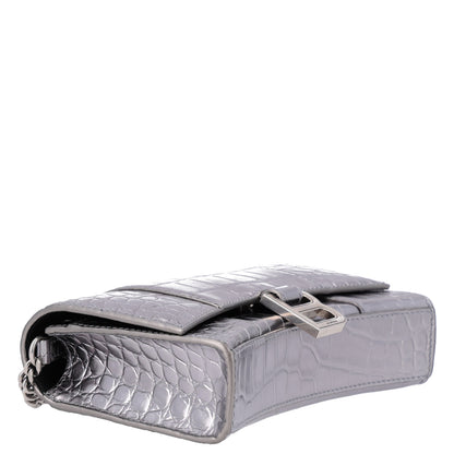 Balenciaga Metallic Calfskin Crocodile Embossed Hourglass Chain Bag Silver 3 of 9